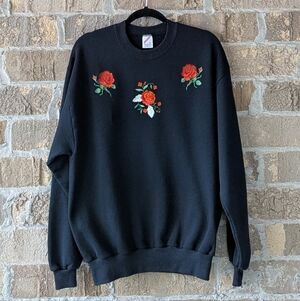 VTG 80s Jerzees Embroidered Roses Long Sleeve Crew Neck Sweatshirt Black Large